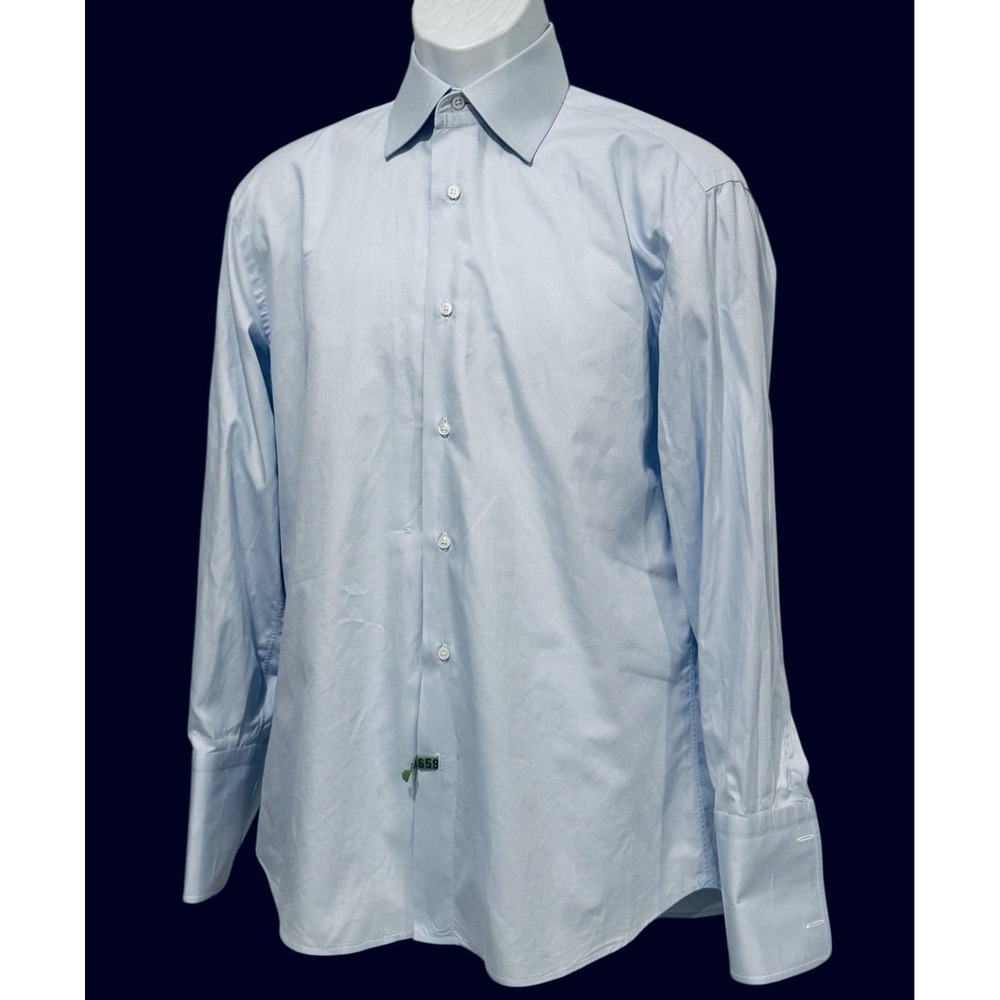 Brioni Dress Shirt Men 15 L‎ Blue Diamond 100% Cotton Made Italy FRENCH CUFF